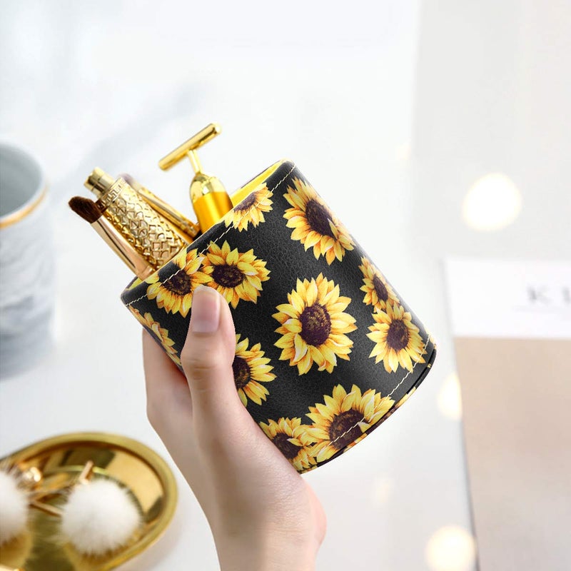 WAVEYU Pen Holder, Pencil Cup Desk for Women Girls, Luxury Makeup Brush Holder Large Pu Leather Multi-Functional Organizer Cup for Office, Classroom, Home, Sunflower - Image 4